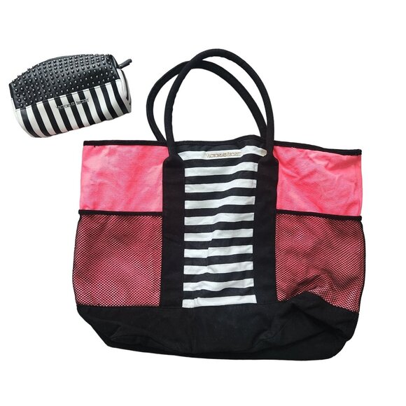 Victorias Secret Island Tote Bag Stud Pouch Beach Pink Black Stripe Travel 2016 - Picture 15 of 16